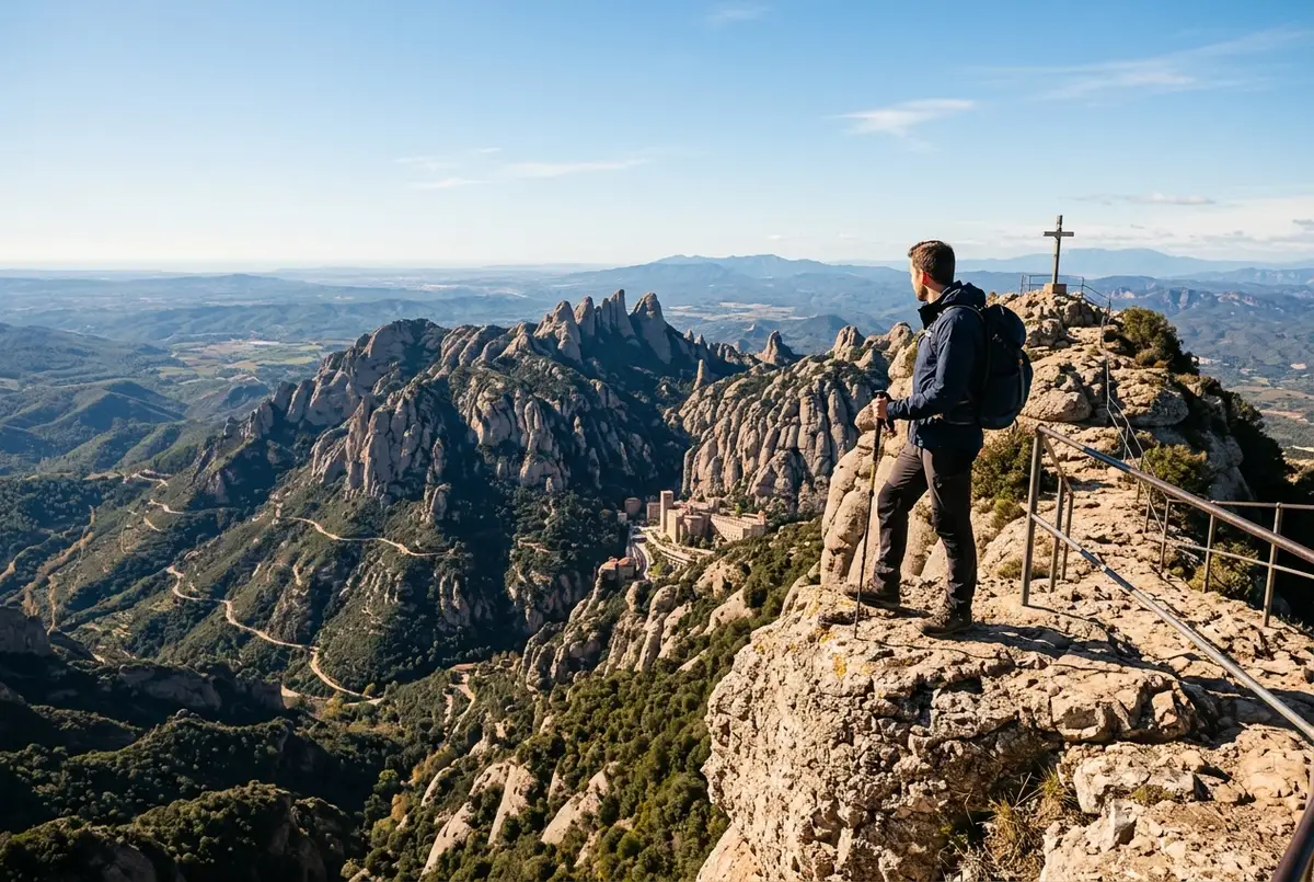 Hiker standing at the exposed summit viewpoint of Sant Jeroni with panoramic views over the Montserrat massif and distant valleys, bright clear sky, montserrat sant jeroni summit hike