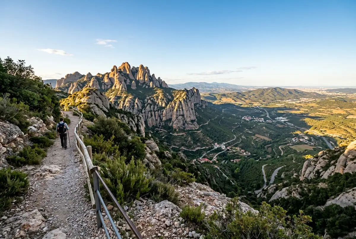 Panoramic view from the Sant Jeroni summit trail over the jagged peaks of Montserrat and the valley below, golden late afternoon light, montserrat summit trail viewpoint