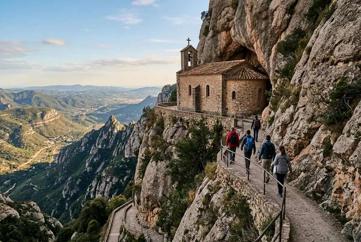 Small stone chapel built into a cave mouth on a steep rocky hillside, pilgrims walking a narrow path toward it, montserrat santa cova holy cave shrine