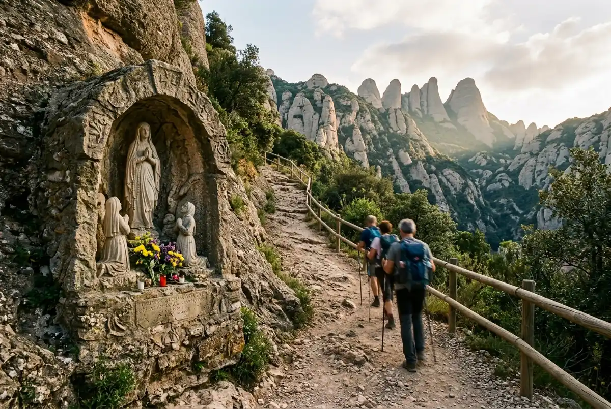 Carved stone sculpture station along a mountainside path depicting a Marian apparition scene, jagged rock peaks visible behind, montserrat holy cave pilgrimage path