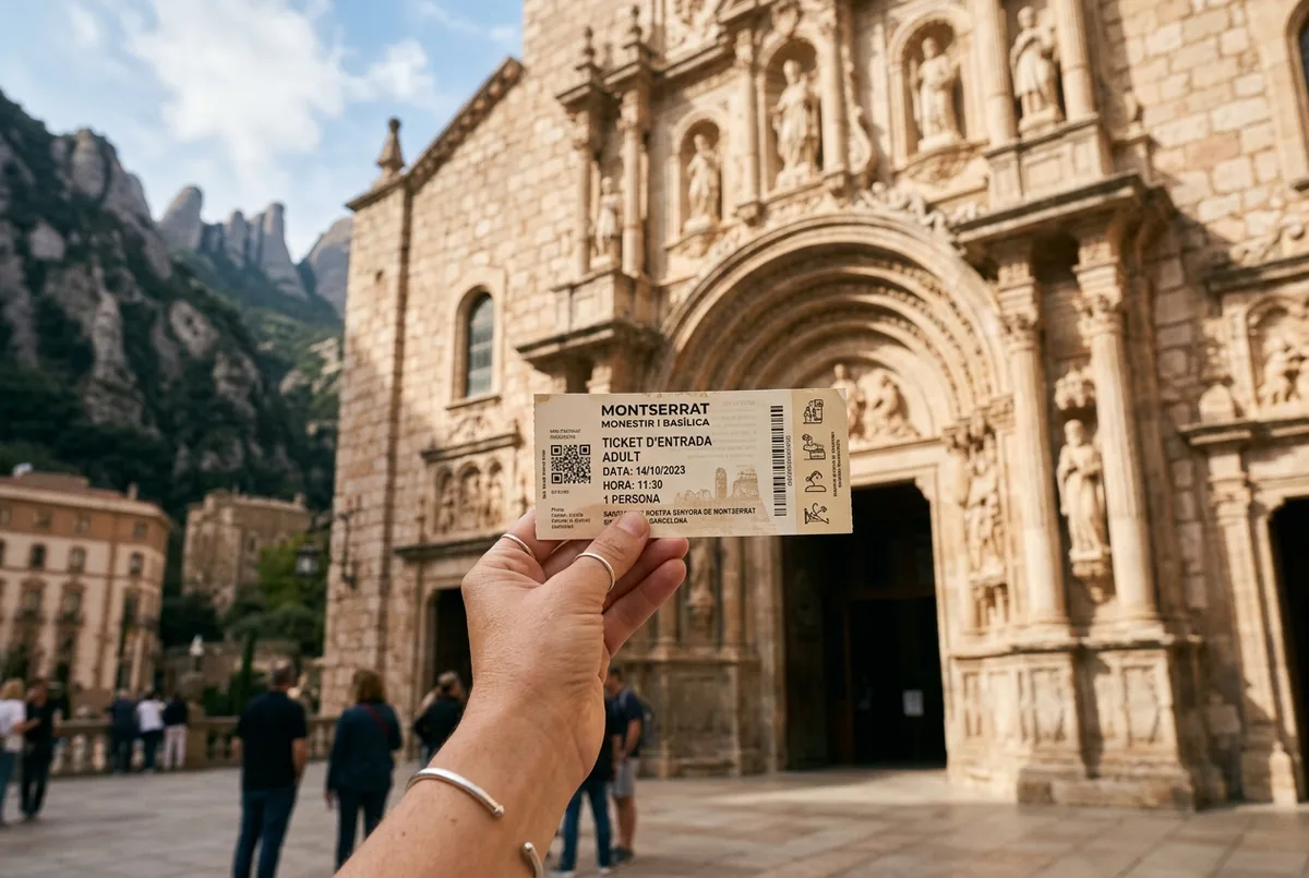 Primer pla d'una mà sostenint un val en paper d'entrada al monestir de Montserrat davant la façana de la basílica, llum suau de migdia, entrades a Montserrat llestes per entrar