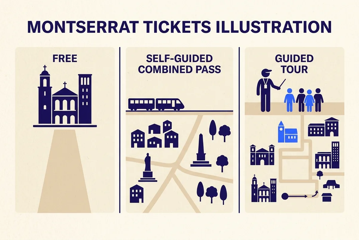 Infographic-style diagram comparing three Montserrat ticket tiers, free basilica entry, a self-guided combined pass and a guided tour ticket, with simple icons for a church, a train and a tour guide