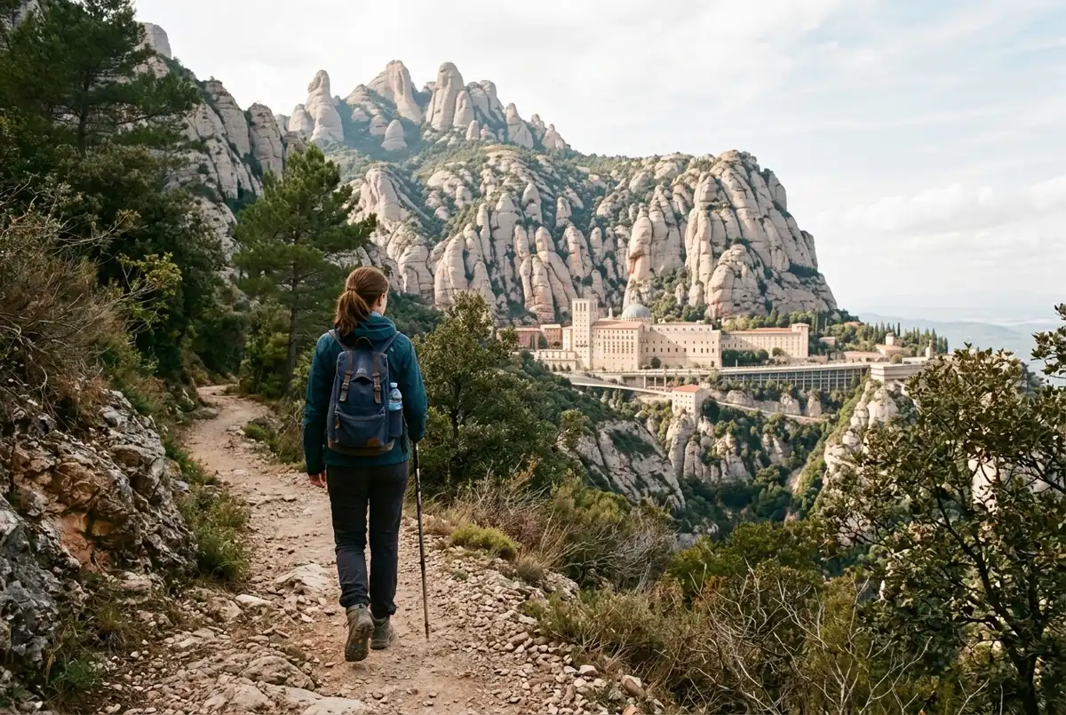 Budget-conscious traveler with a small daypack walking a free hiking trail near Montserrat monastery, mountain peaks and basilica dome in soft daylight, montserrat tickets budget