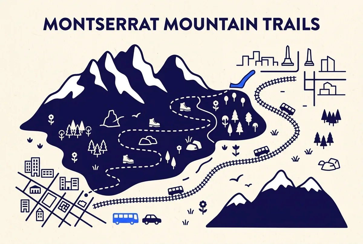 Simple route map comparing a free hiking path up Montserrat's lower trails against the paid cogwheel train line, with basic icons and no prices shown