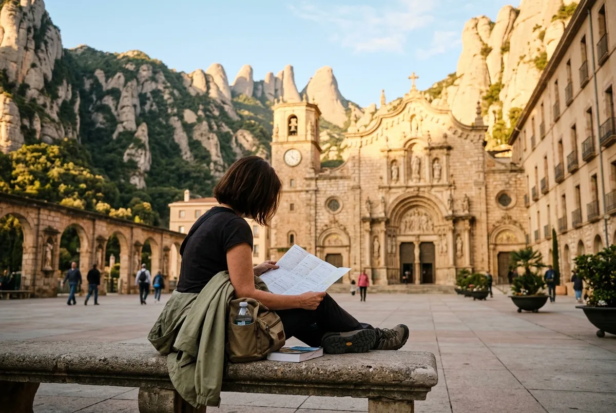 Viajero revisando una lista de consejos en su móvil frente a la entrada del Monasterio de Montserrat antes de empezar la visita, consejos para visitar Montserrat