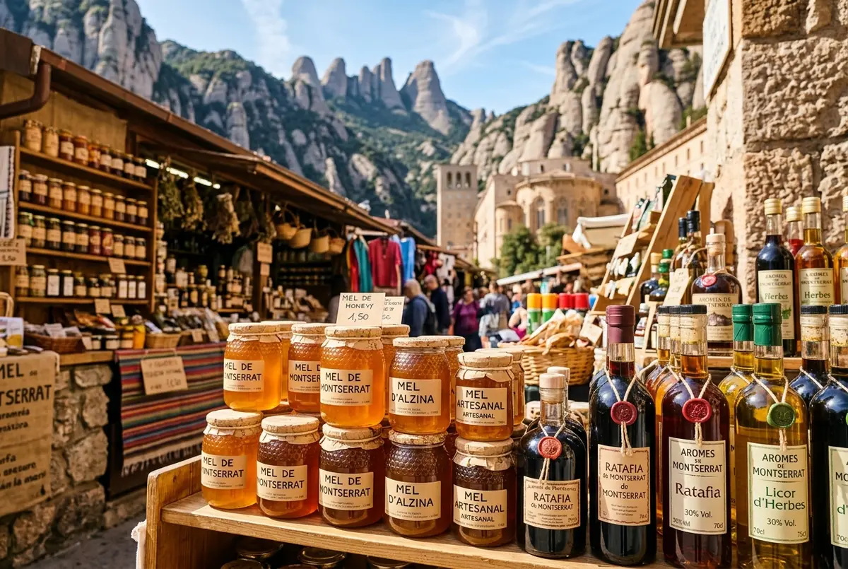 Close up of a local market stall at Montserrat selling jars of honey and bottles of herbal liqueur, warm midday light, generic montserrat market stall scene