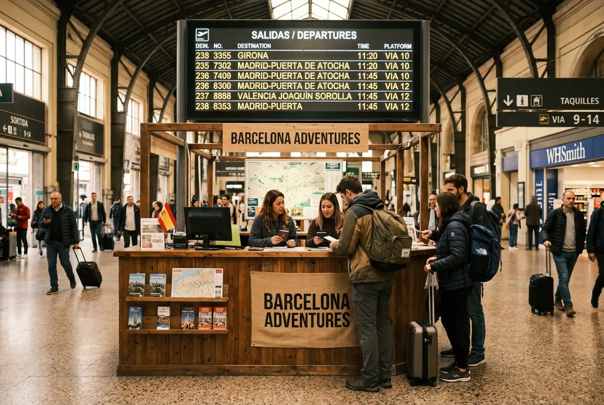 Travelers checking in at a small tour operator office counter inside a busy Barcelona train station concourse, departure board visible overhead