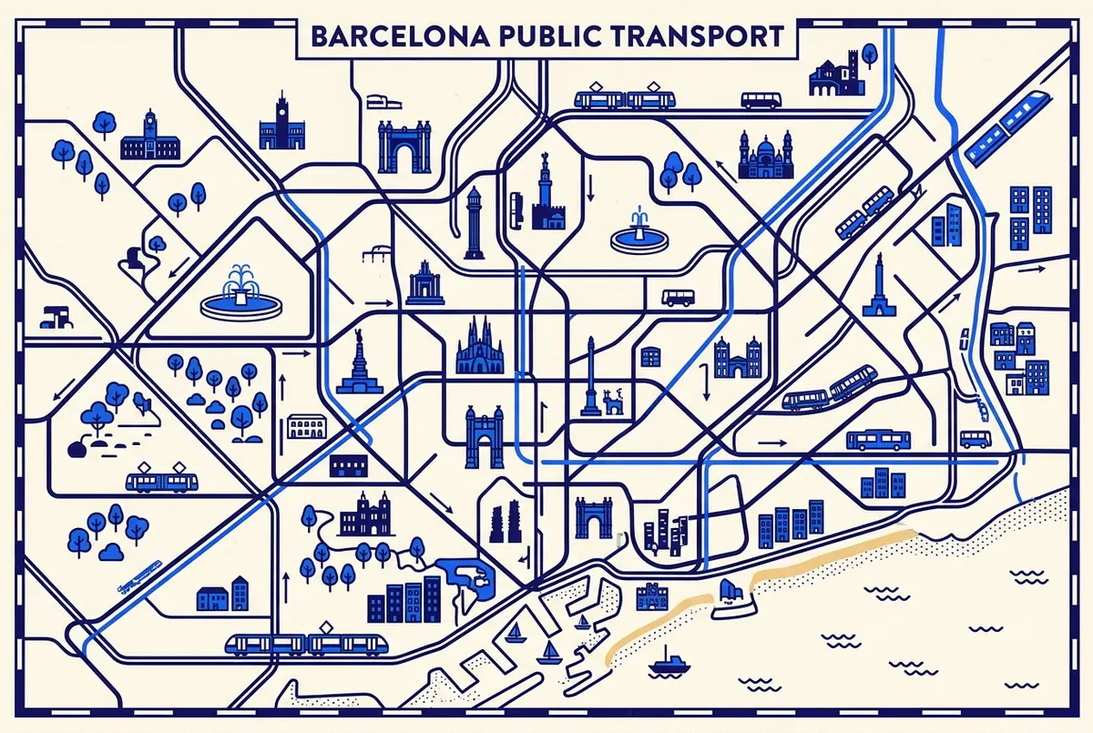 stylized transit map of Barcelona showing local public transport lines for castlexperience office
