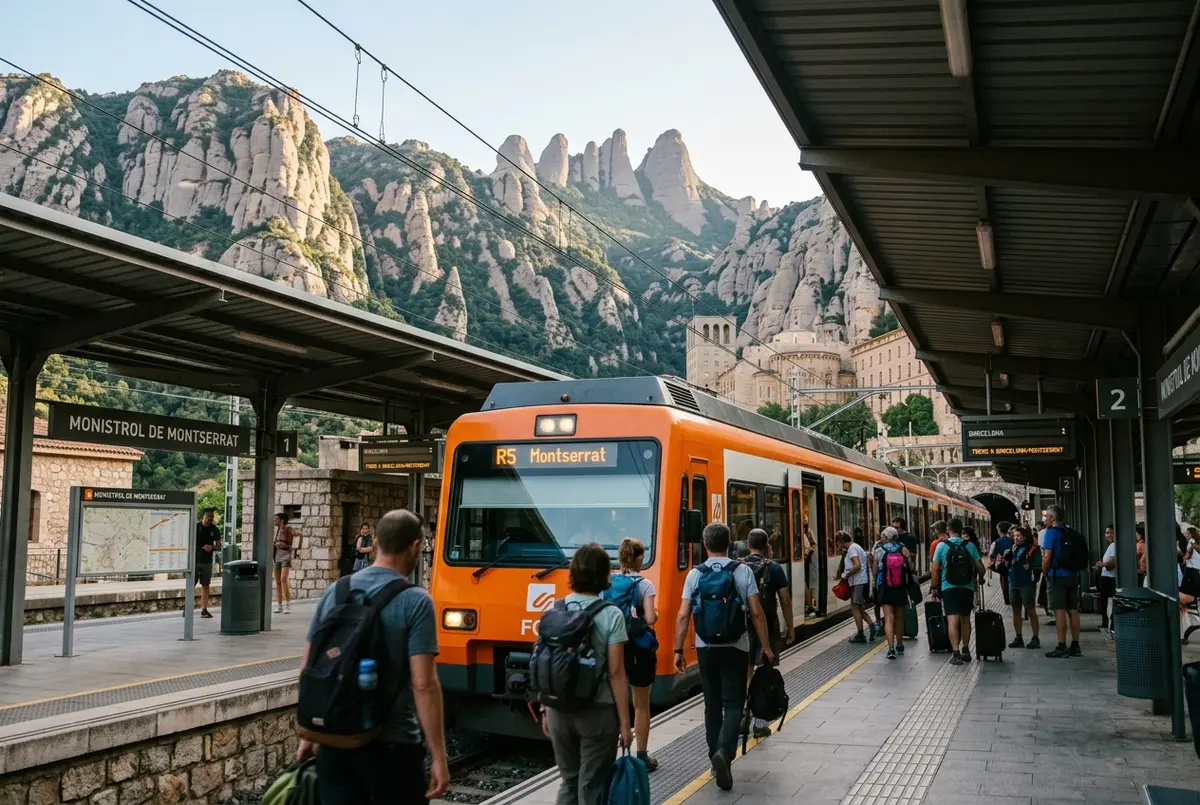 Reisender steigt am FGC-Bahnhof Plaça d'Espanya in Barcelona in den Regionalzug Richtung Montserrat ein, helles Morgenlicht, bahn von barcelona nach montserrat Einstieg