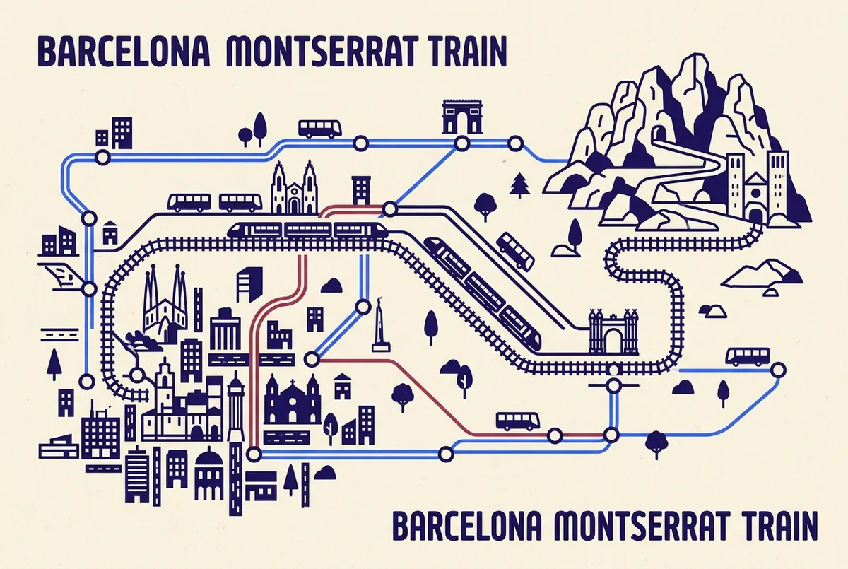stylized transit map of Barcelona showing local public transport lines for train from barcelona to montserrat