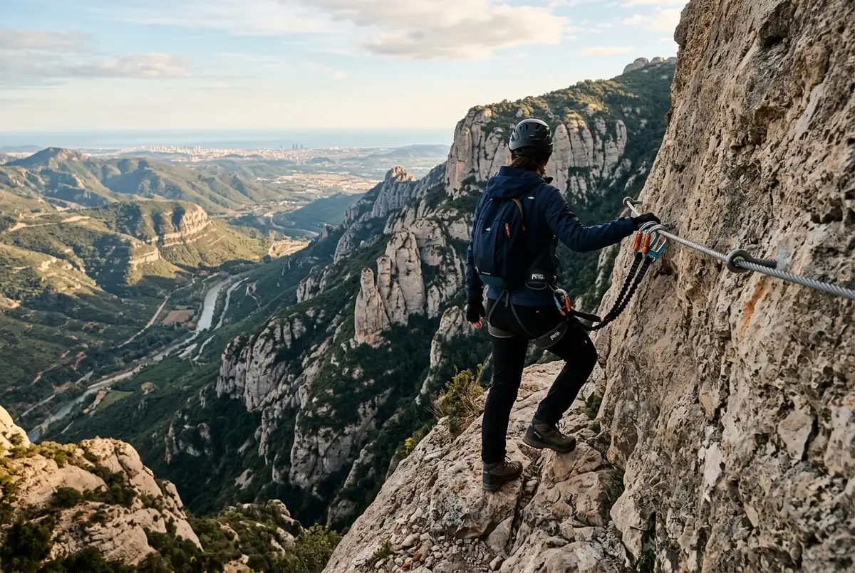 Climber clipped into a via ferrata cable on Montserrat's conglomerate rock face, jagged pinnacles and valley far below, bright midday light, montserrat via ferrata scene