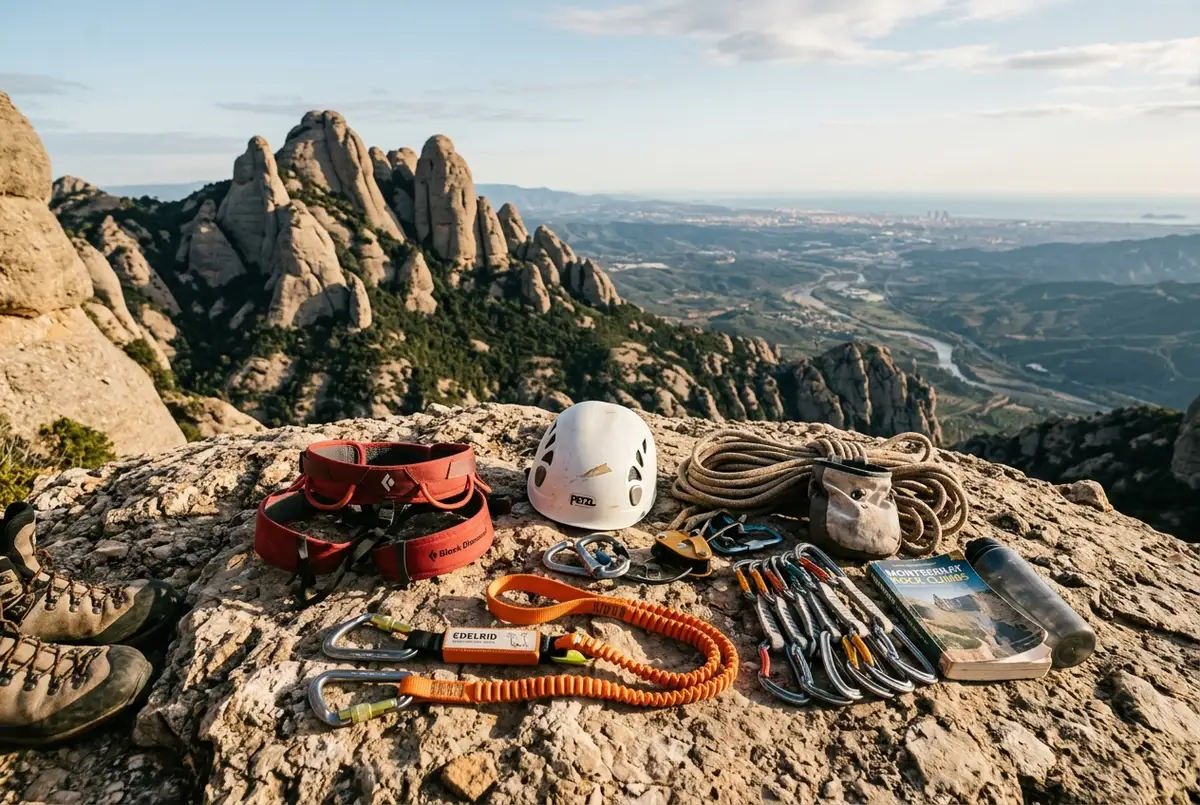 Climber's gear laid out on a rock ledge, harness, helmet and via ferrata lanyard, with Montserrat's pinnacles rising in the background, clean editorial style, montserrat climbing gear scene