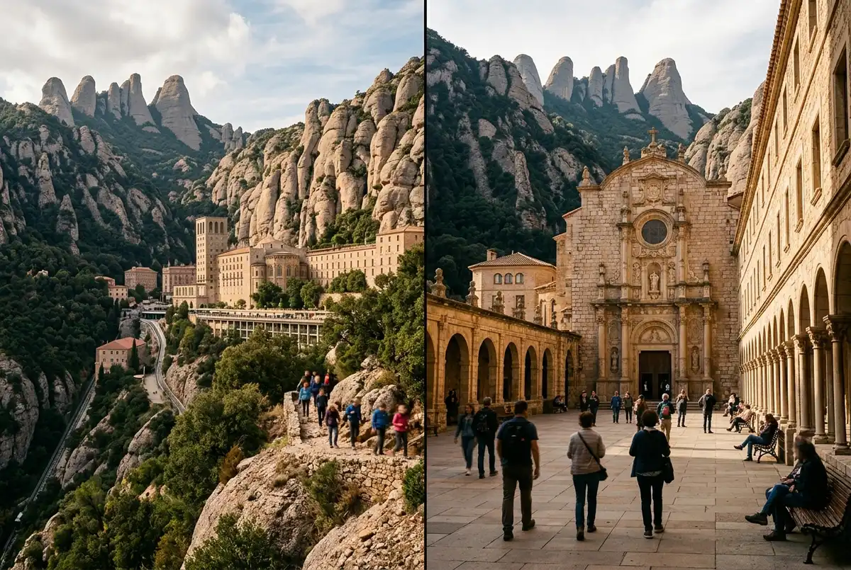 Split composition of Montserrat's jagged mountain monastery on one side and Girona's stone Jewish Quarter alley on the other, soft midday light, montserrat or girona day trip decision scene