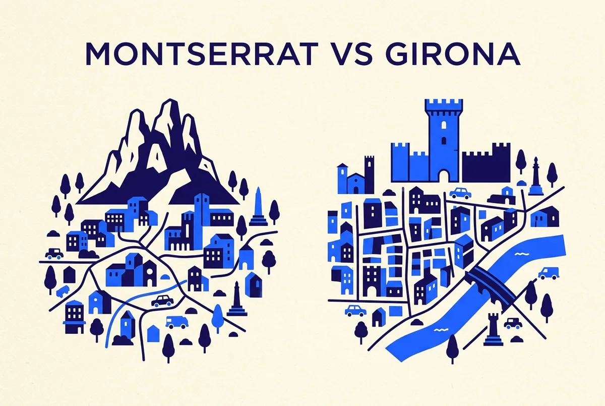 Simple comparison infographic with two generic icons, a mountain peak and a castle tower, side by side with no text statistics, montserrat vs girona comparison concept