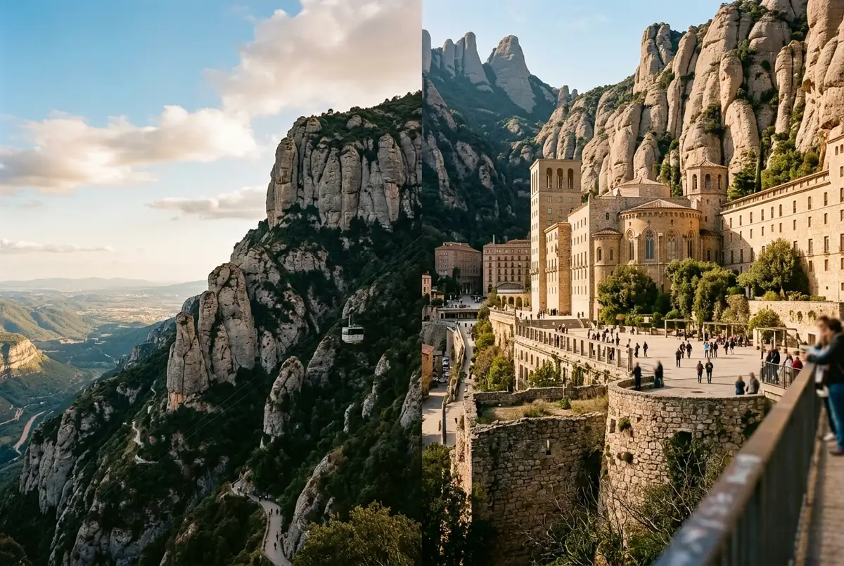 Geteiltes Bild mit Montserrats zerklüftetem Klosterberg auf einer Seite und Gironas bunten Flusshäusern auf der anderen, weiches Tageslicht, tagesausflüge ab barcelona vergleichsszene