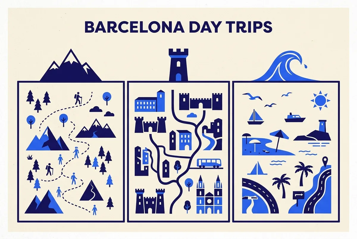 Einfache Vergleichsgrafik mit drei generischen Symbolen, Berggipfel, Stadtmauer und Welle, nebeneinander ohne Textstatistiken, tagesausflüge ab barcelona vergleichskonzept