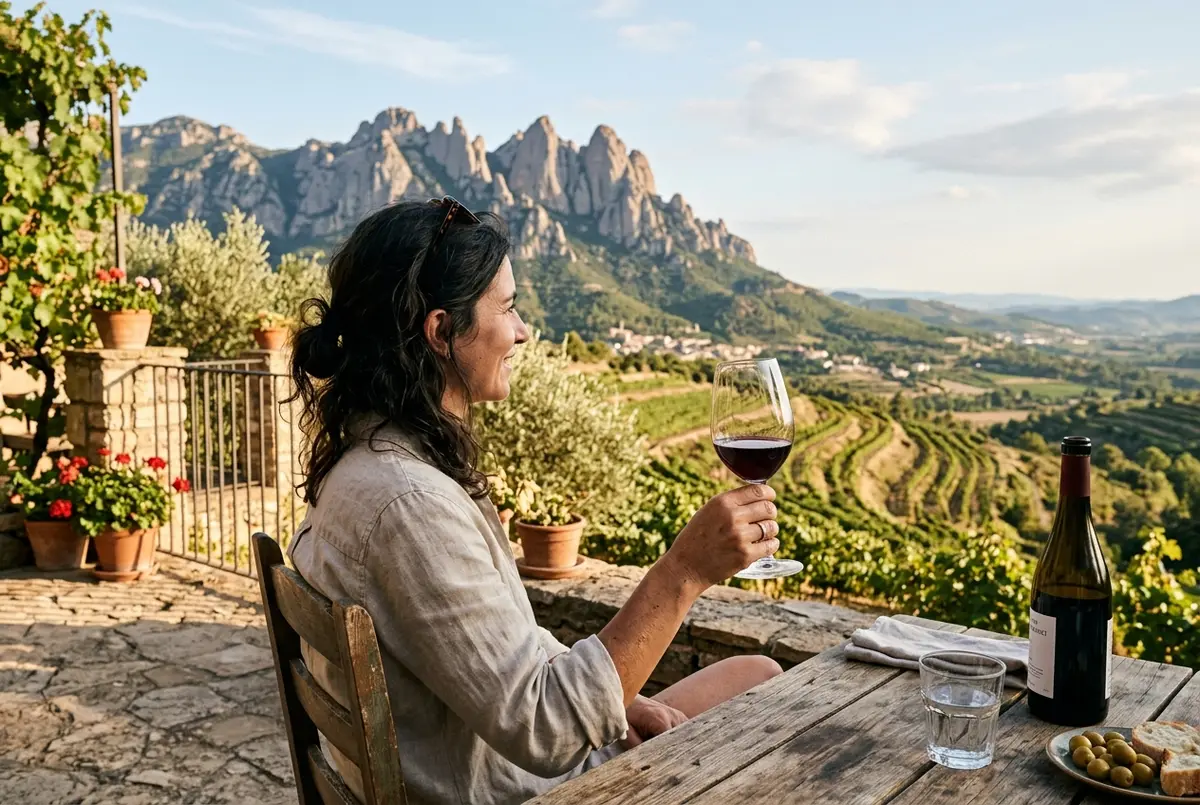 Traveler holding a glass of Catalan red wine on a sunlit vineyard terrace with Montserrat's jagged mountain peaks in the background, golden afternoon light, montserrat winery tasting moment