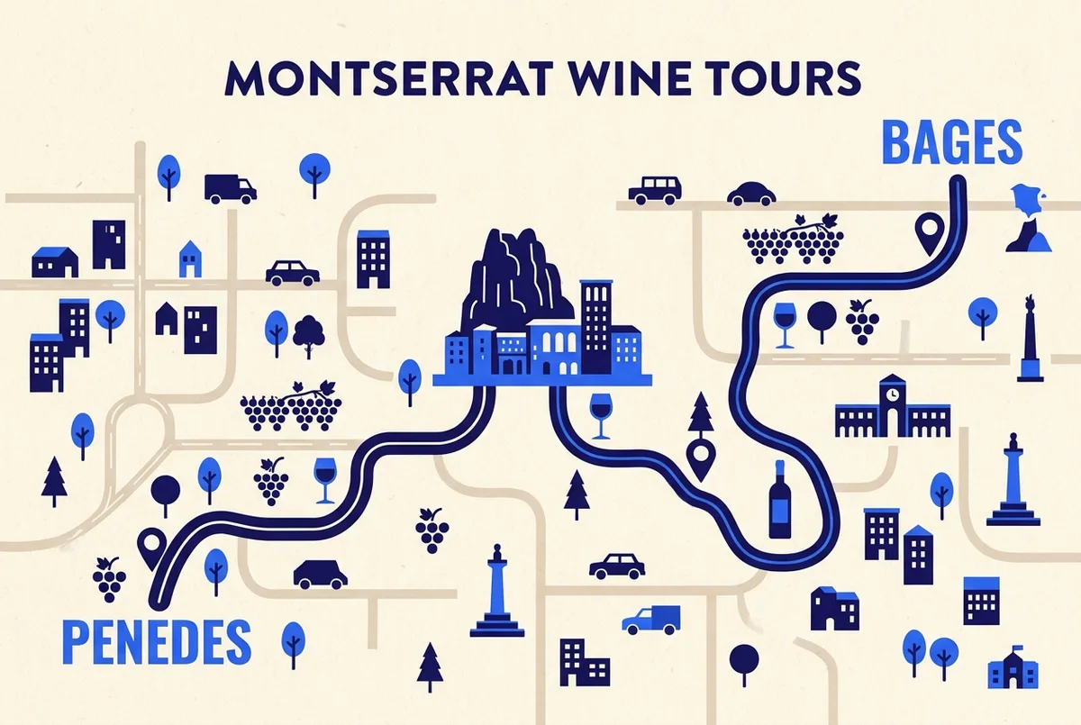 Simple map-style infographic showing Montserrat Monastery with two routes branching toward labeled wine regions, Penedes and Bages, small vineyard and wine glass icons along each route, montserrat winery tour regions compared