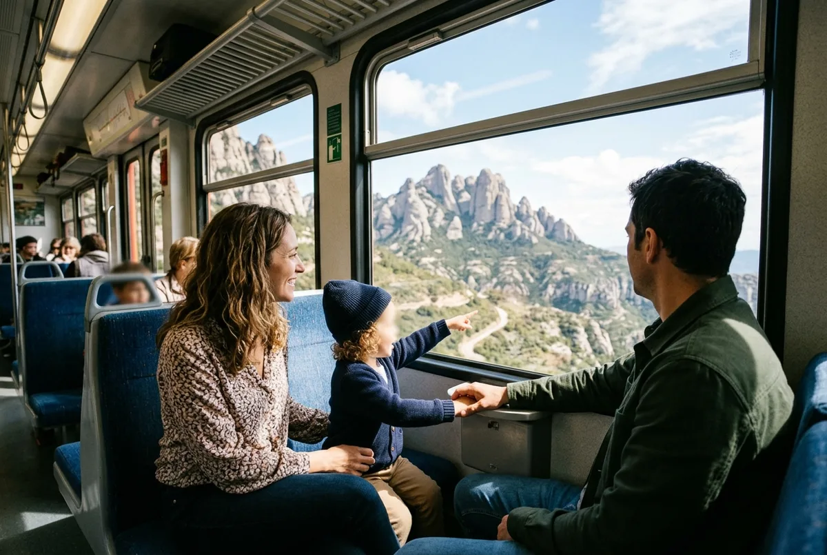 Família amb un nen petit pujant amb la cremallera de Montserrat amb vistes de muntanya a través de la finestra, llum càlida de migdia, excursió a Montserrat amb nens