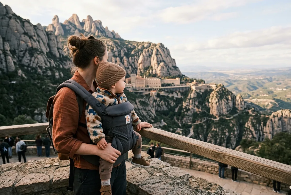 Toddler in a carrier looking out over the Montserrat viewpoint with a parent, soft daylight, generic family travel scene, montserrat with kids viewpoint moment