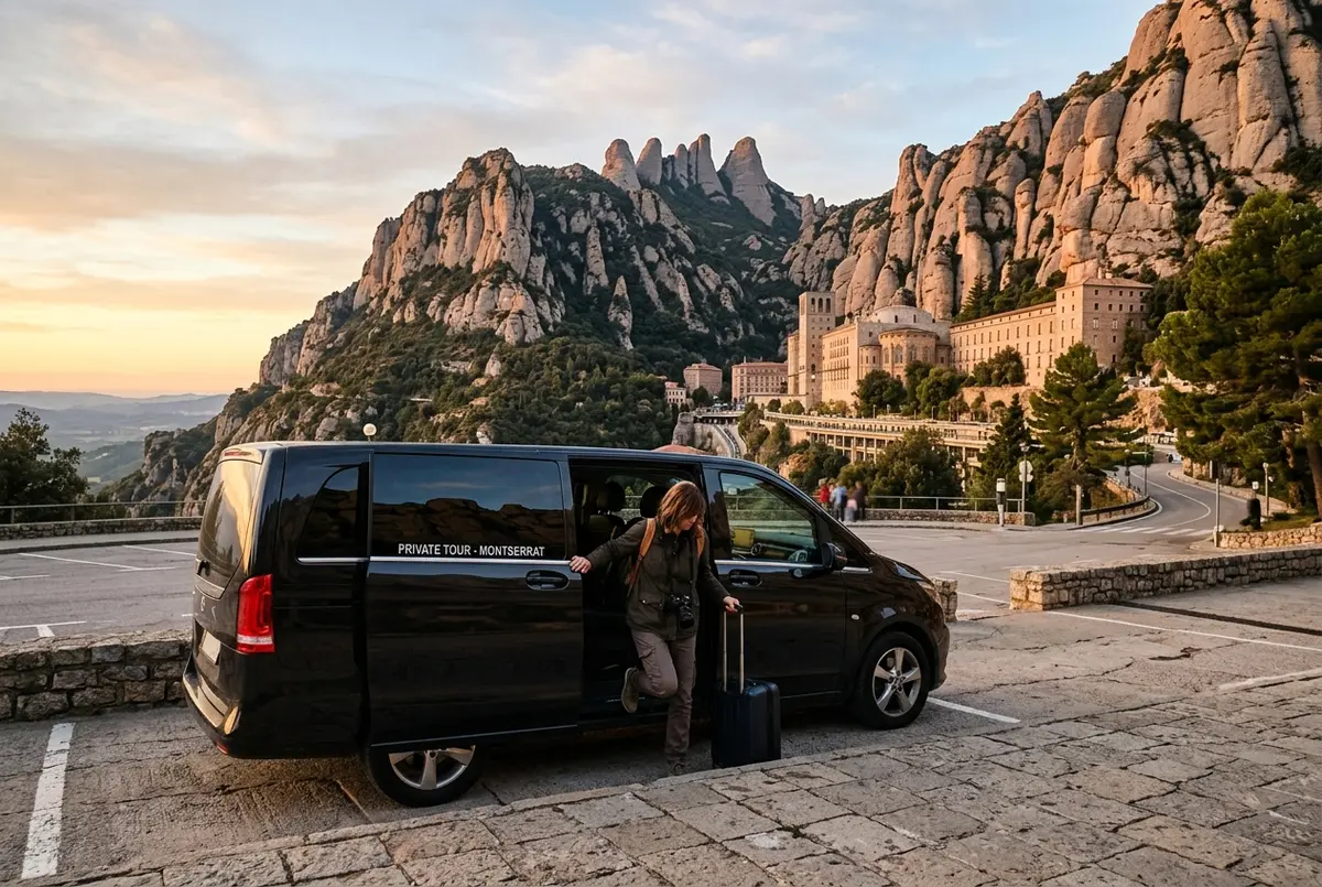 Traveler stepping out of a sleek dark minivan at the base of Montserrat monastery in early morning light, mountain peaks rising behind, private montserrat tour pickup