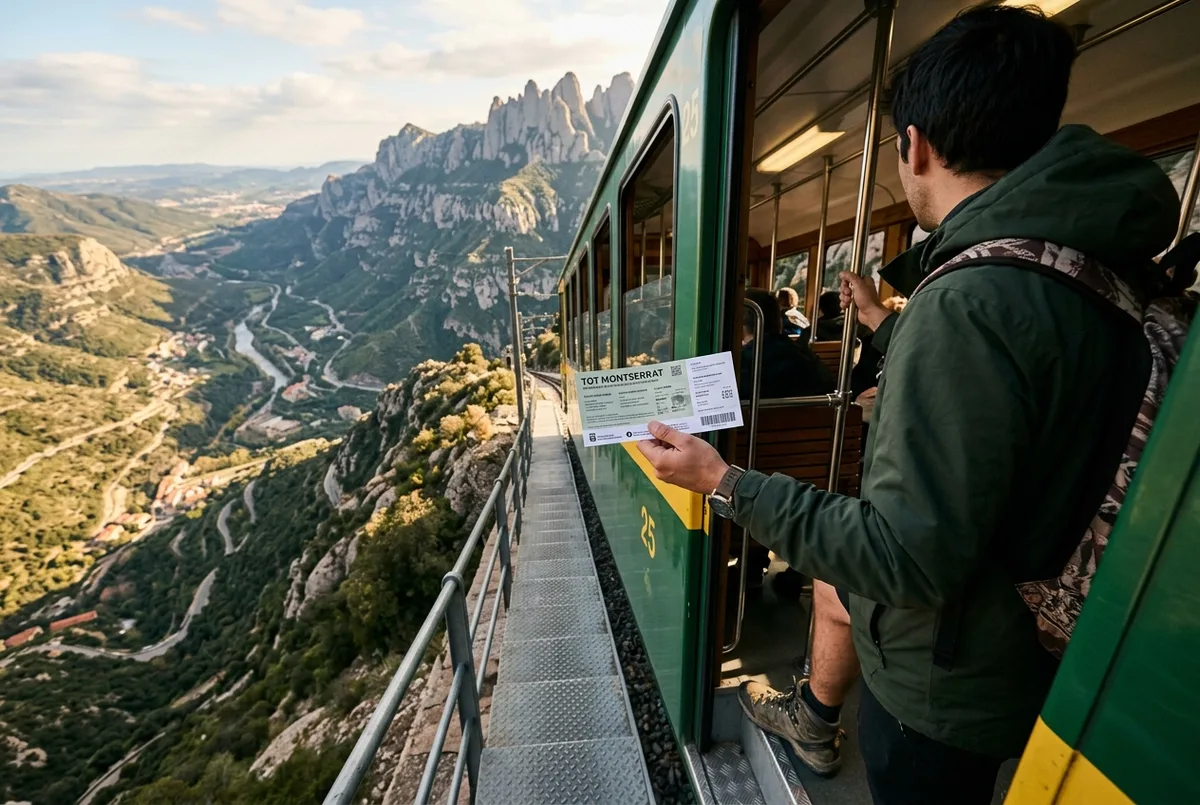 Pareja de viajeros revisando un vale de entrada combinada en un andén de la estación de tren FGC de Plaça d'Espanya antes de subir a Montserrat