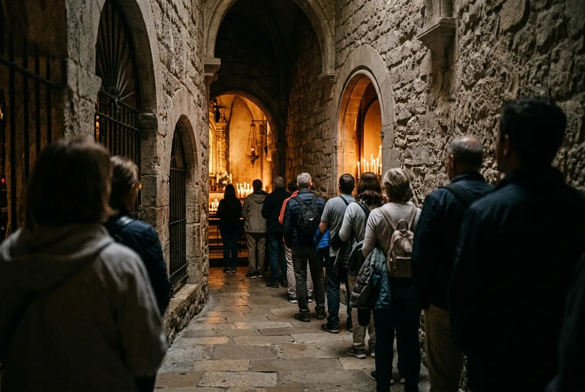 Fila di visitatori in attesa silenziosa in un corridoio di pietra stretto dietro l'altare della basilica di Montserrat, bagliore caldo di candela più avanti, coda per vedere la madonna nera di montserrat