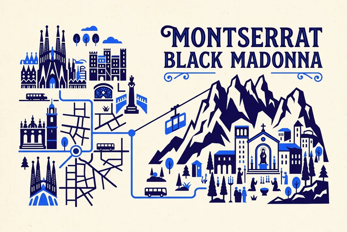 illustrated map of Barcelona highlights for How to See the Black Madonna of Montserrat: Hours, Queue and Booking, montserrat black madonna tickets