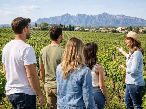 Wijnrijen in de Penedès met de berg Montserrat zichtbaar op de achtergrond