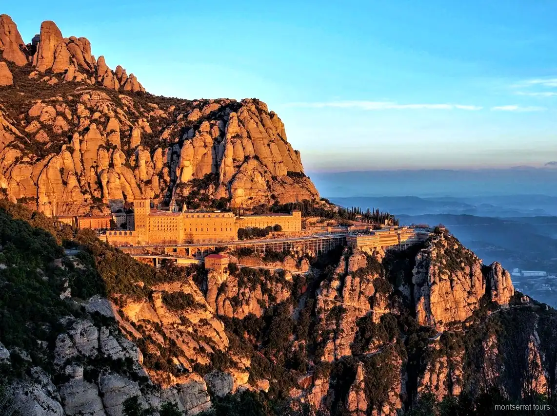 Cable car ascending above Montserrat Monastery on the hiking day tour